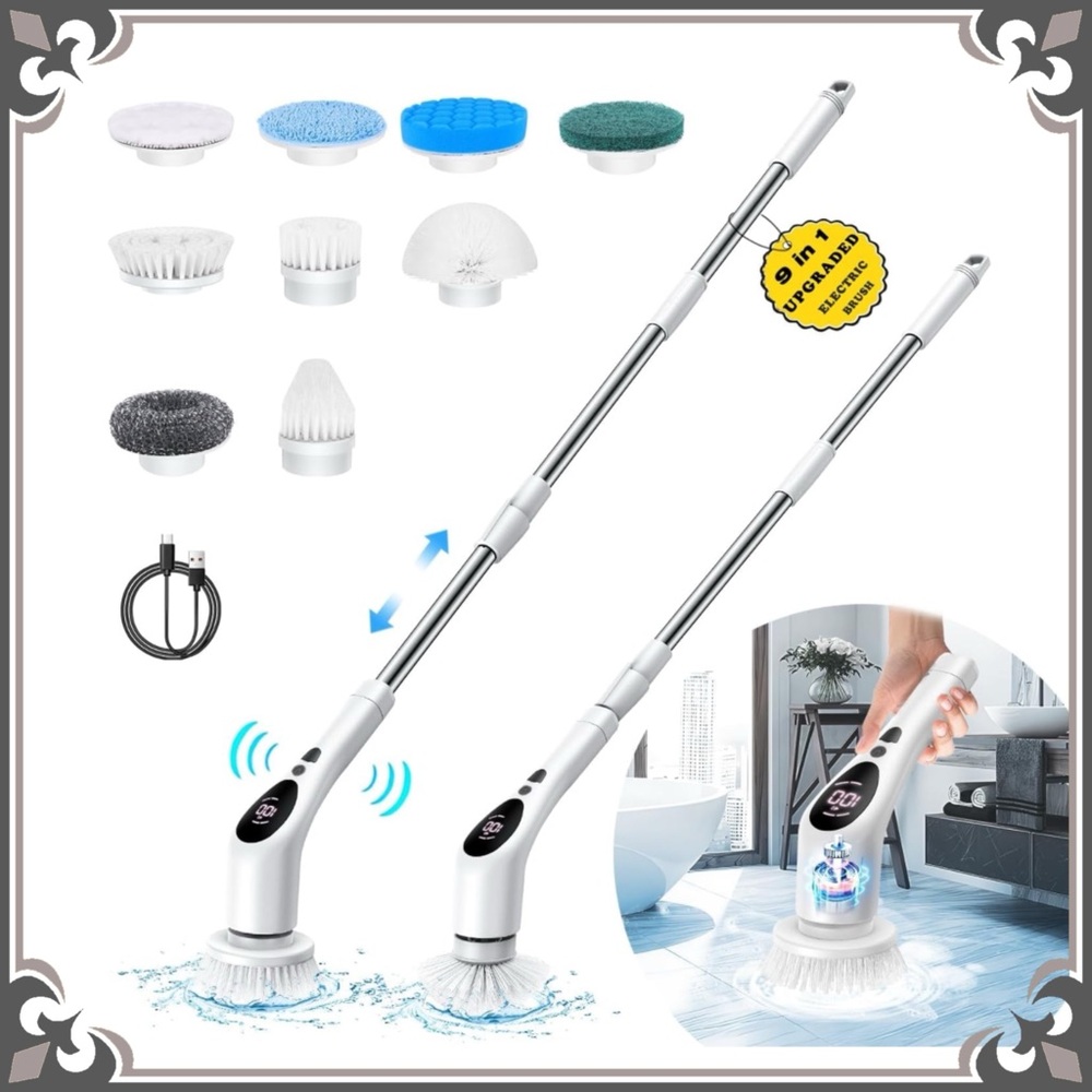 Cordless Electric Spin Scrubber Cleaning Brush Set Adjustable Extension Long NEW